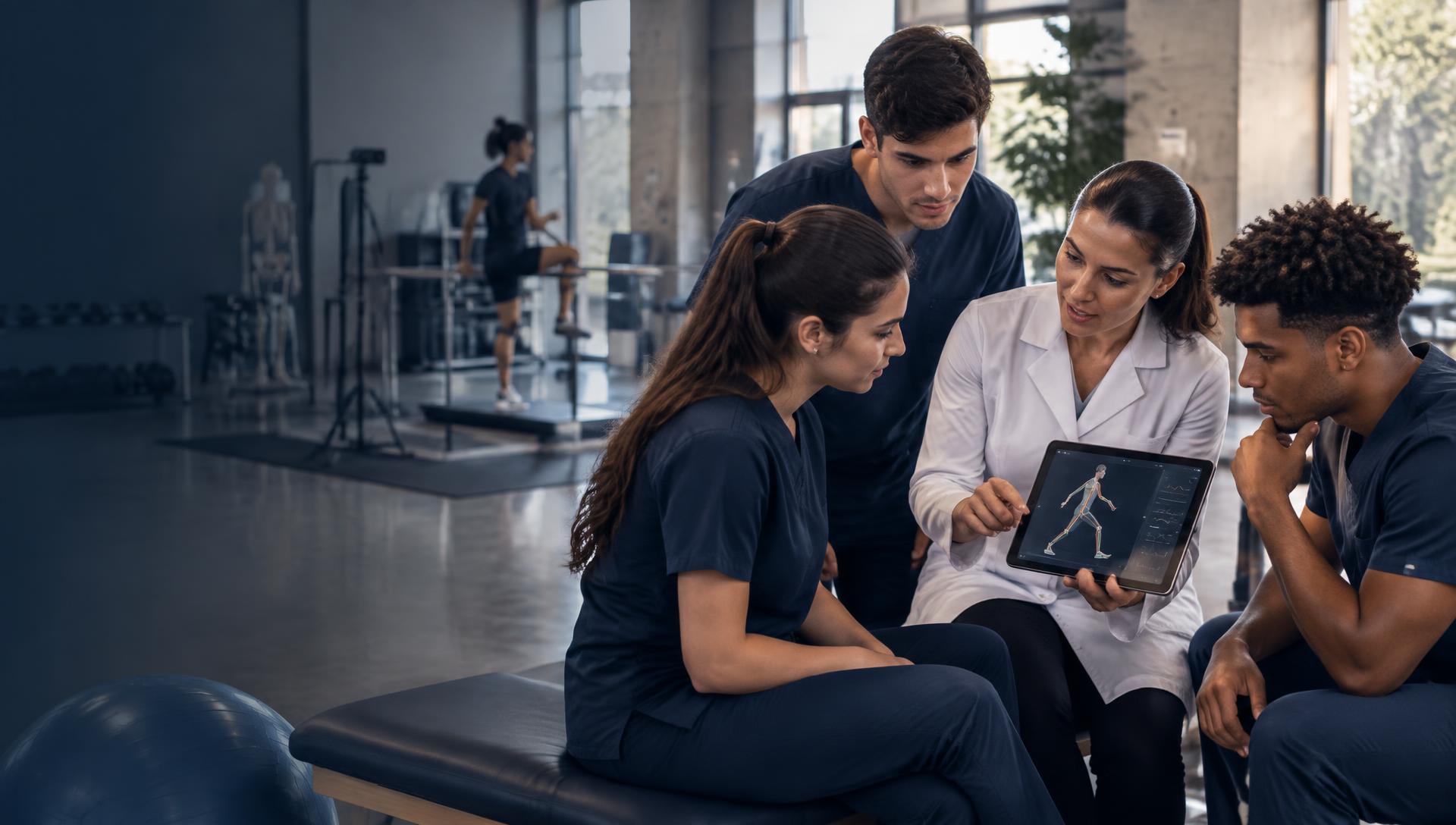 Estudantes e professora de Fisioterapia analisam o movimento humano em laboratório